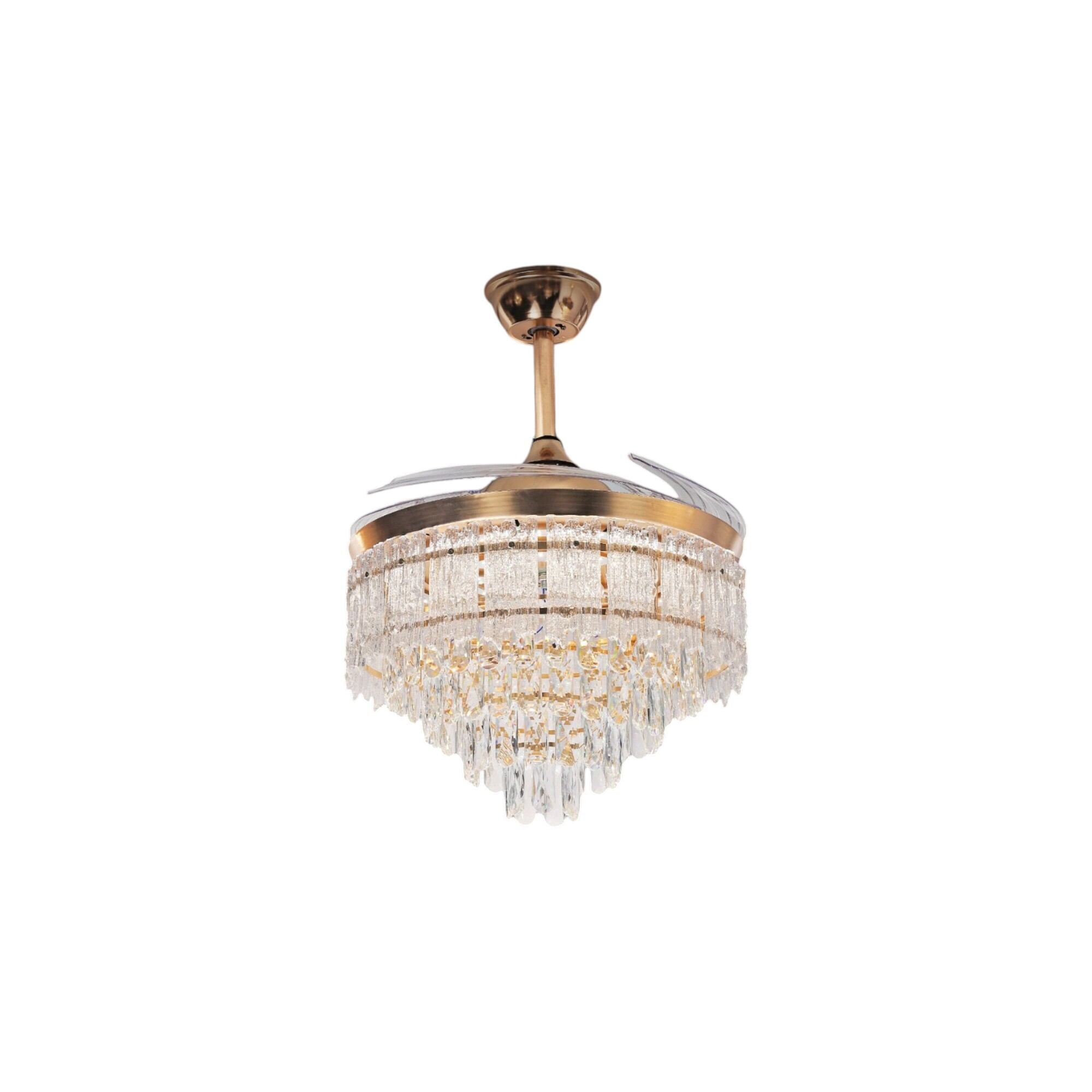 Picture of Qulik 48" Crystal Chandelier Retractable Invisible Blade Silent 3 Color Change LED Remote Ceiling Fan (Golden) | Q-T8329-Golden