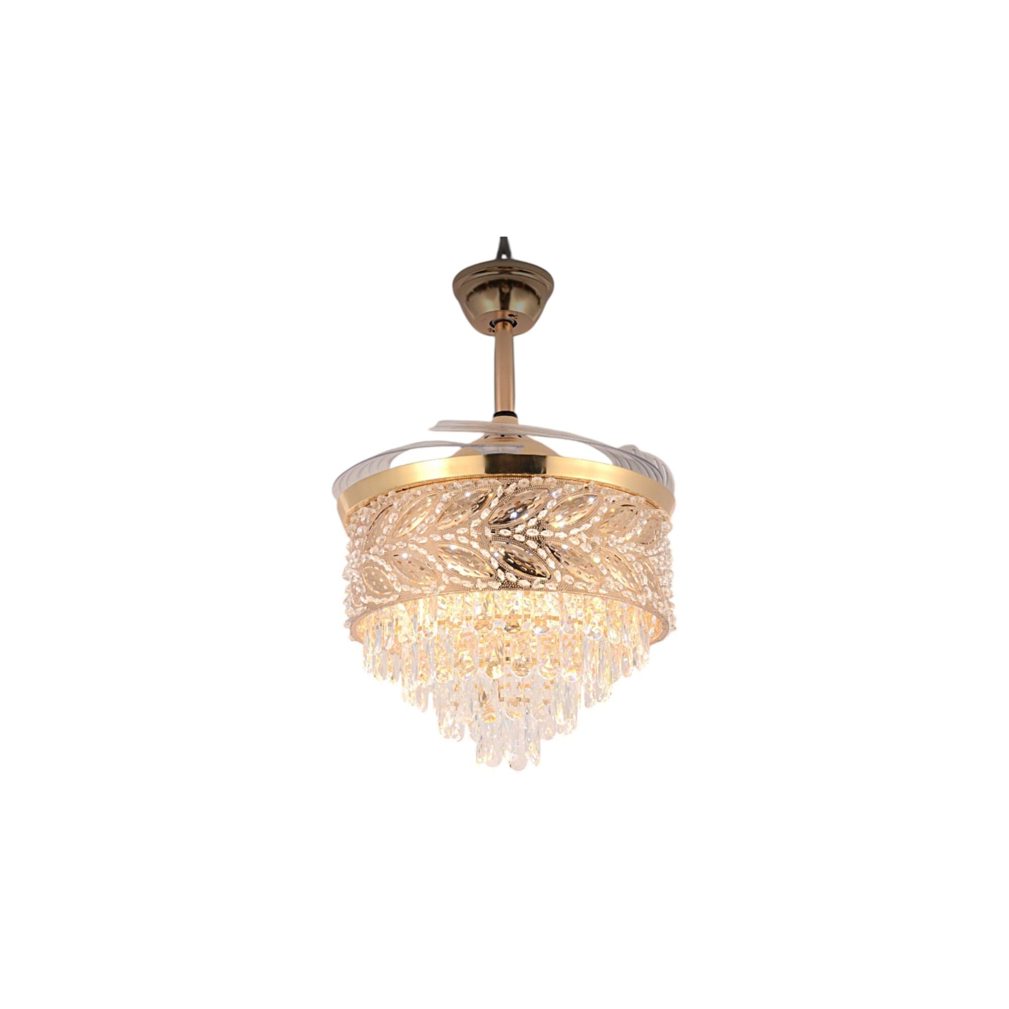 Picture of Qulik 48" Crystal Chandelier Retractable Invisible Blade Silent 3 Color Change LED Remote Ceiling Fan (Golden) | Q-K6351-Golden