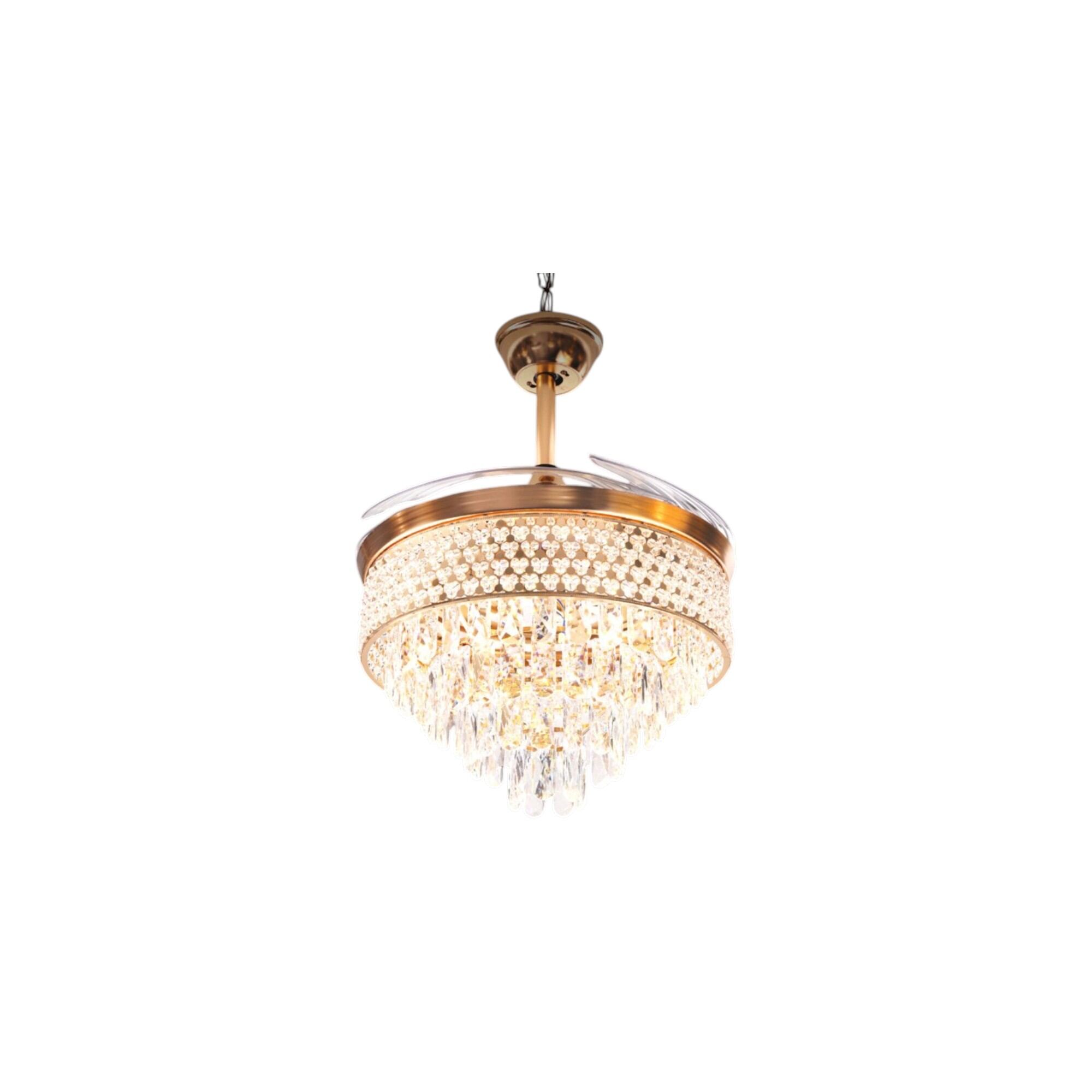 Picture of Qulik 48" Crystal Chandelier Retractable Invisible Blade Silent 3 Color Change LED Remote Ceiling Fan (Golden) | Q-K6272-Golden