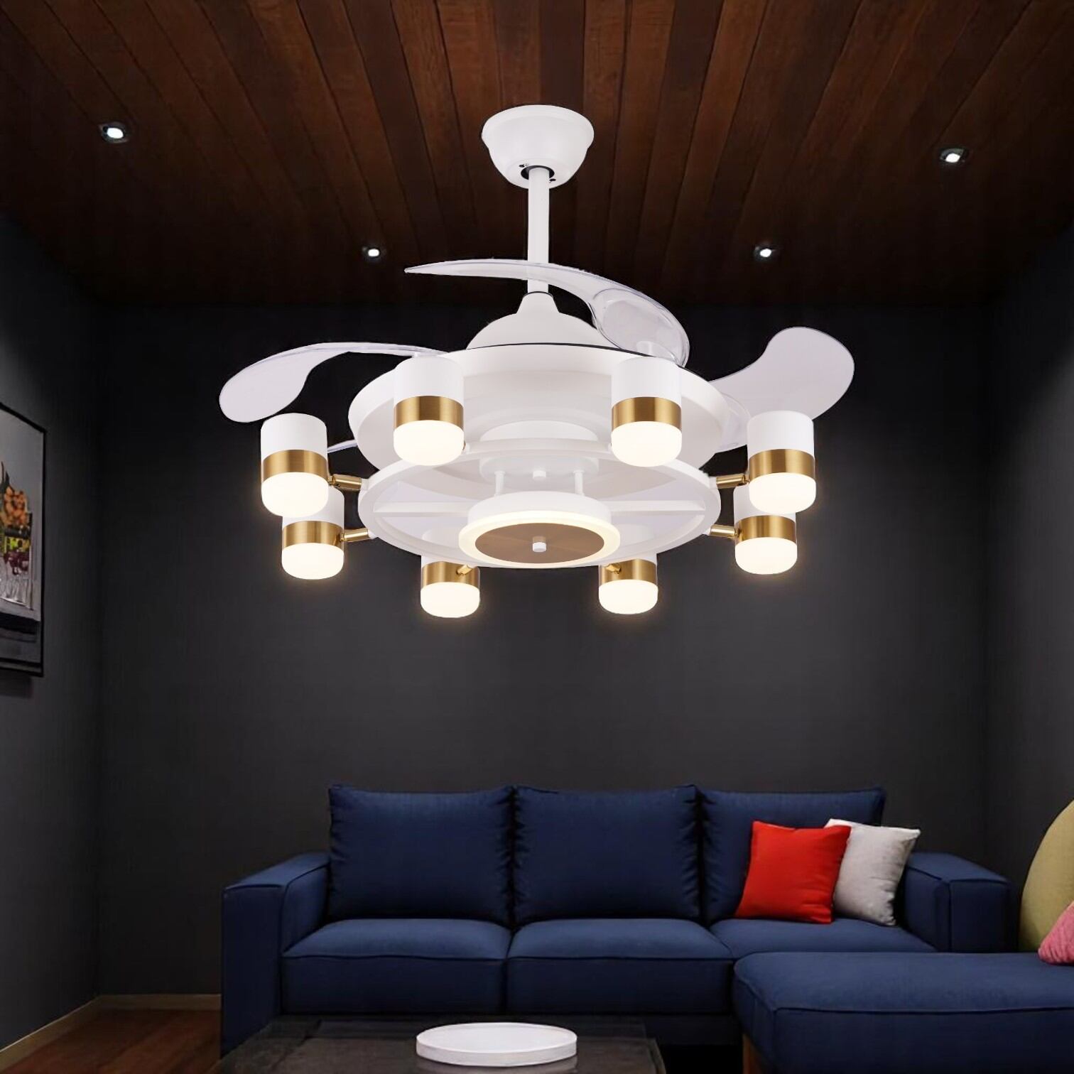 Picture of Qulik 48" Modern Chandelier Retractable Invisible Blade Silent 3 Color Change LED Remote Ceiling Fan (White) | Q-K6503-WH-White