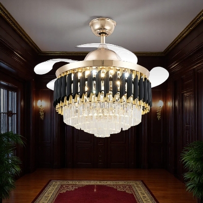 Picture of Qulik 48" Crystal Chandelier Retractable Invisible Blade Silent 3 Color Change LED Remote Ceiling Fan (Golden) | Q-T7456-Golden