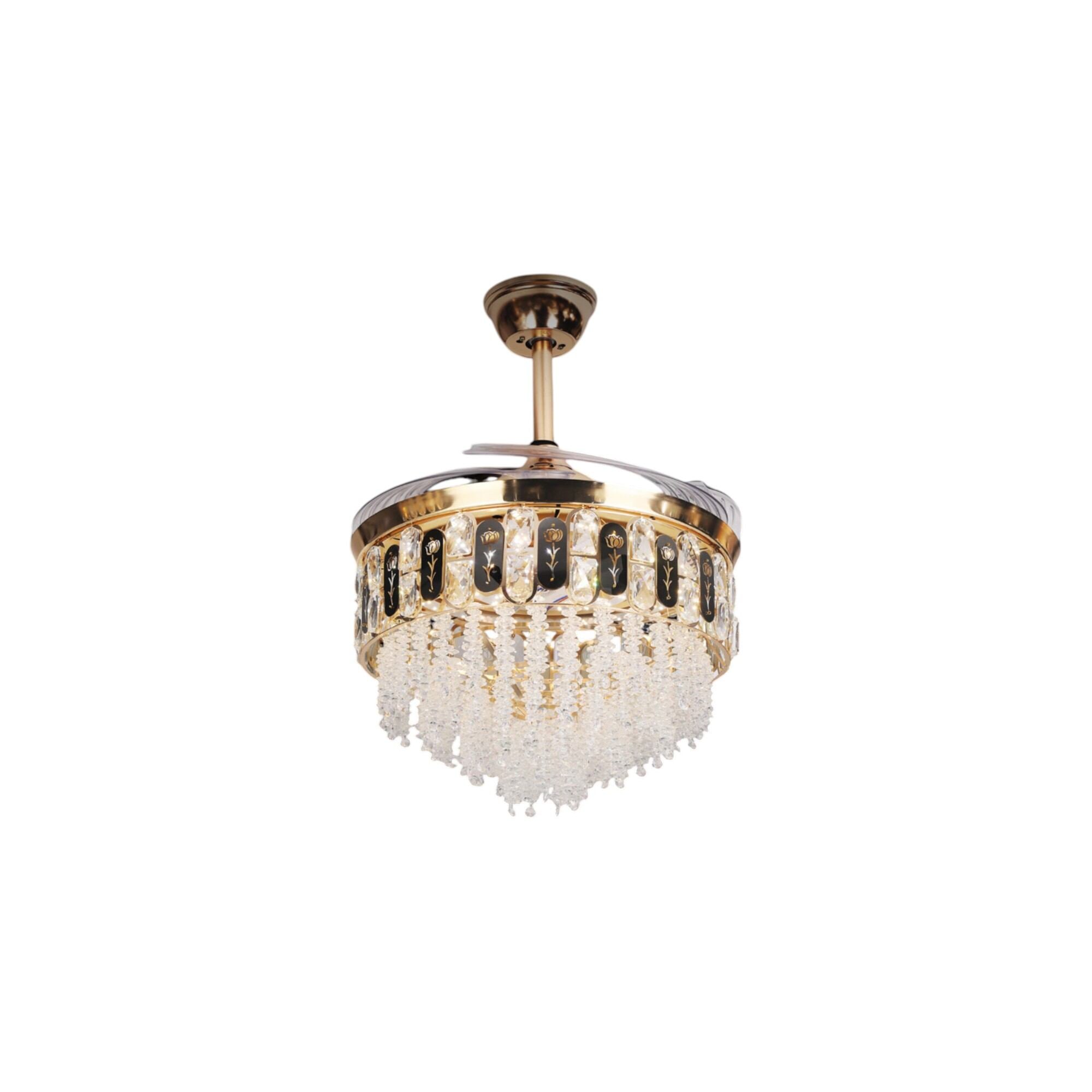 Picture of Qulik 48" Crystal Chandelier Retractable Invisible Blade Silent 3 Color Change LED Remote Ceiling Fan (Golden) | Q-K6251-Golden