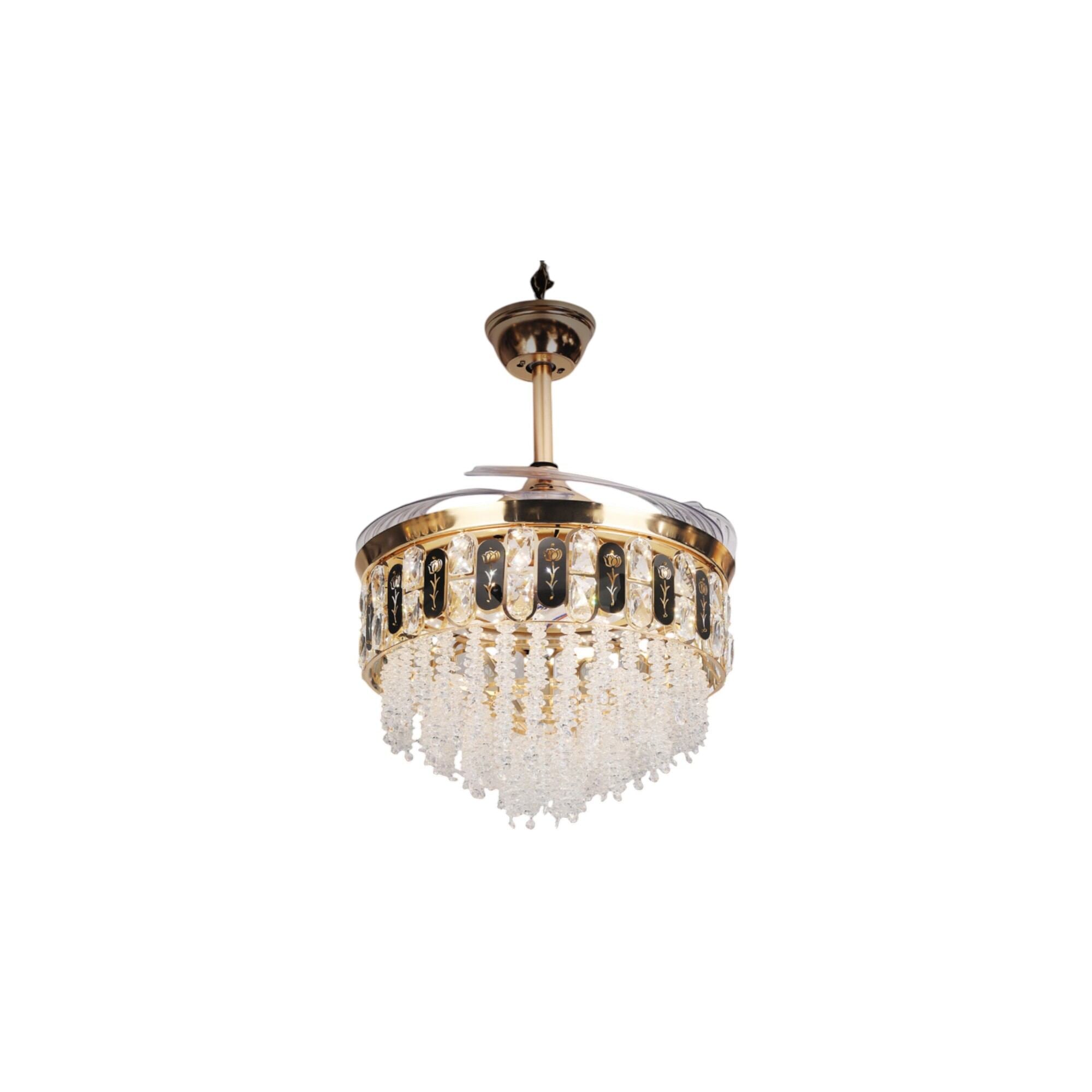 Picture of Qulik 48" Crystal Chandelier Retractable Invisible Blade Silent 3 Color Change LED Remote Ceiling Fan (Golden) | Q-K6251-Golden