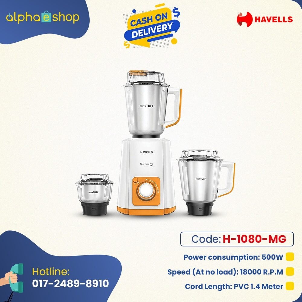 Picture of Havells Supermix 500W Mixer Grinder H-1080-MG with Free Delivery | Official Warranty-Coral Blue