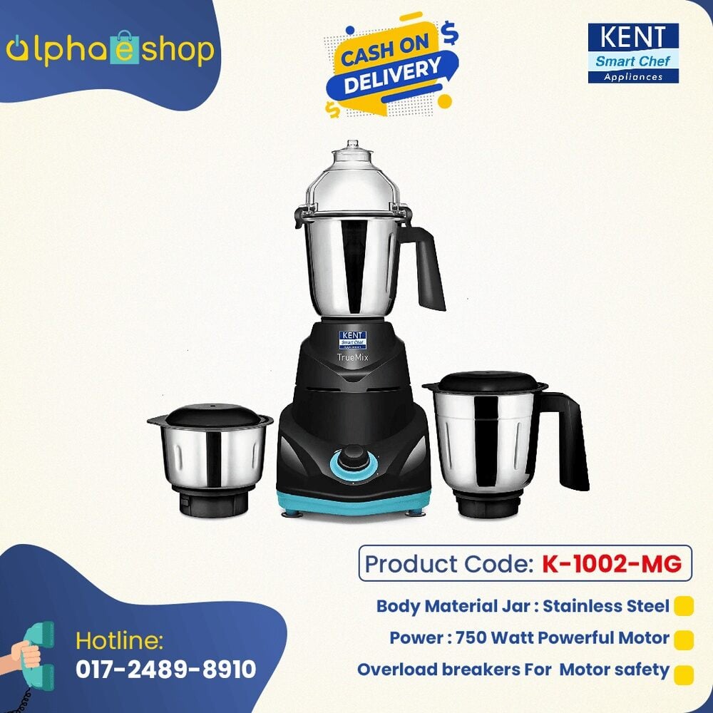Picture of KENT TrueMix-W 750 W 3 in 1 Mixer Grinder (Black) K-1002-MG | Free Delivery | AlphaeShop Ltd-Black