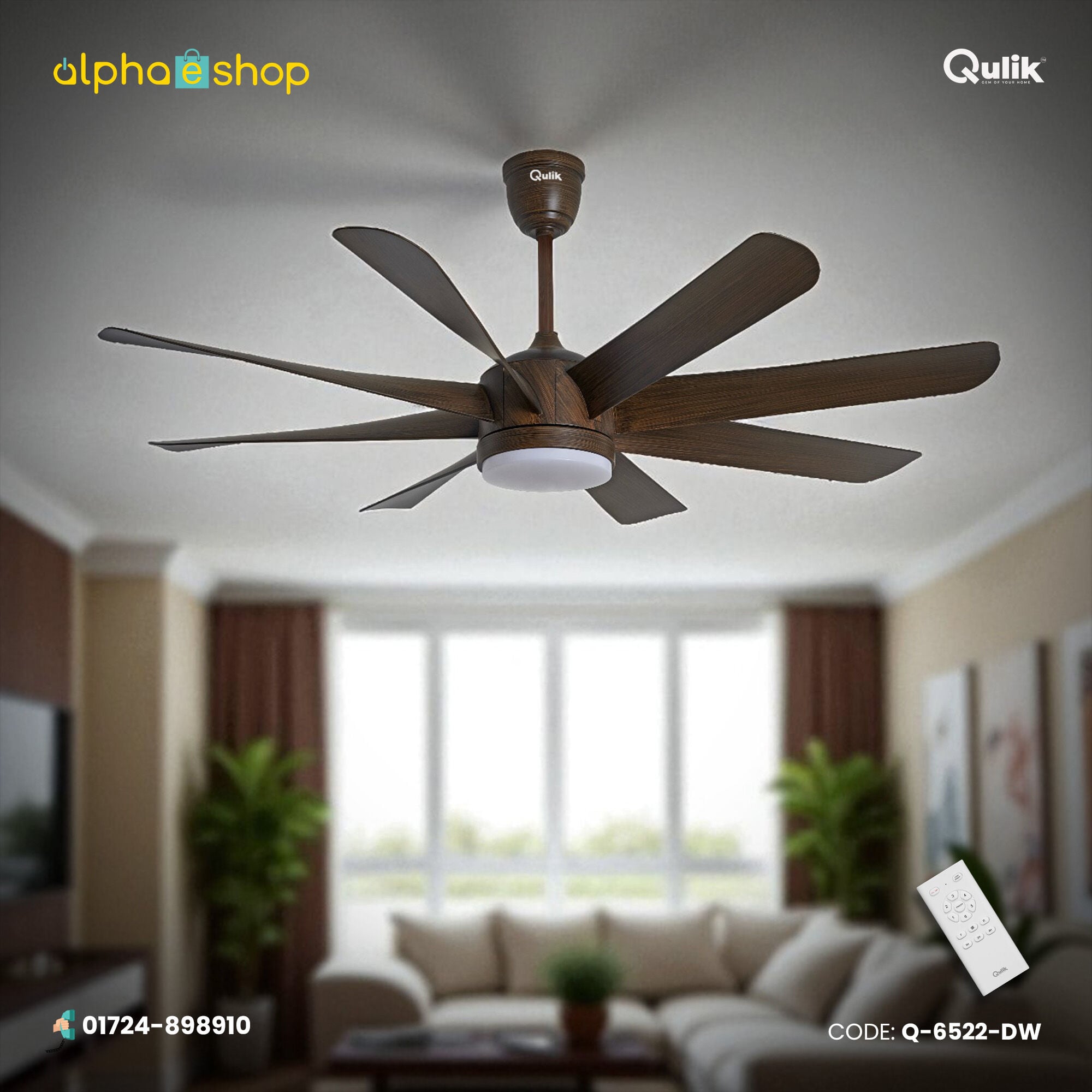 Picture of Qulik Helix UL 60"- Modern Decorative Silent ABS Blade Under Light With Remote Ceiling Fan (DarK Wood) Q-6522-DW  | Free Delivery