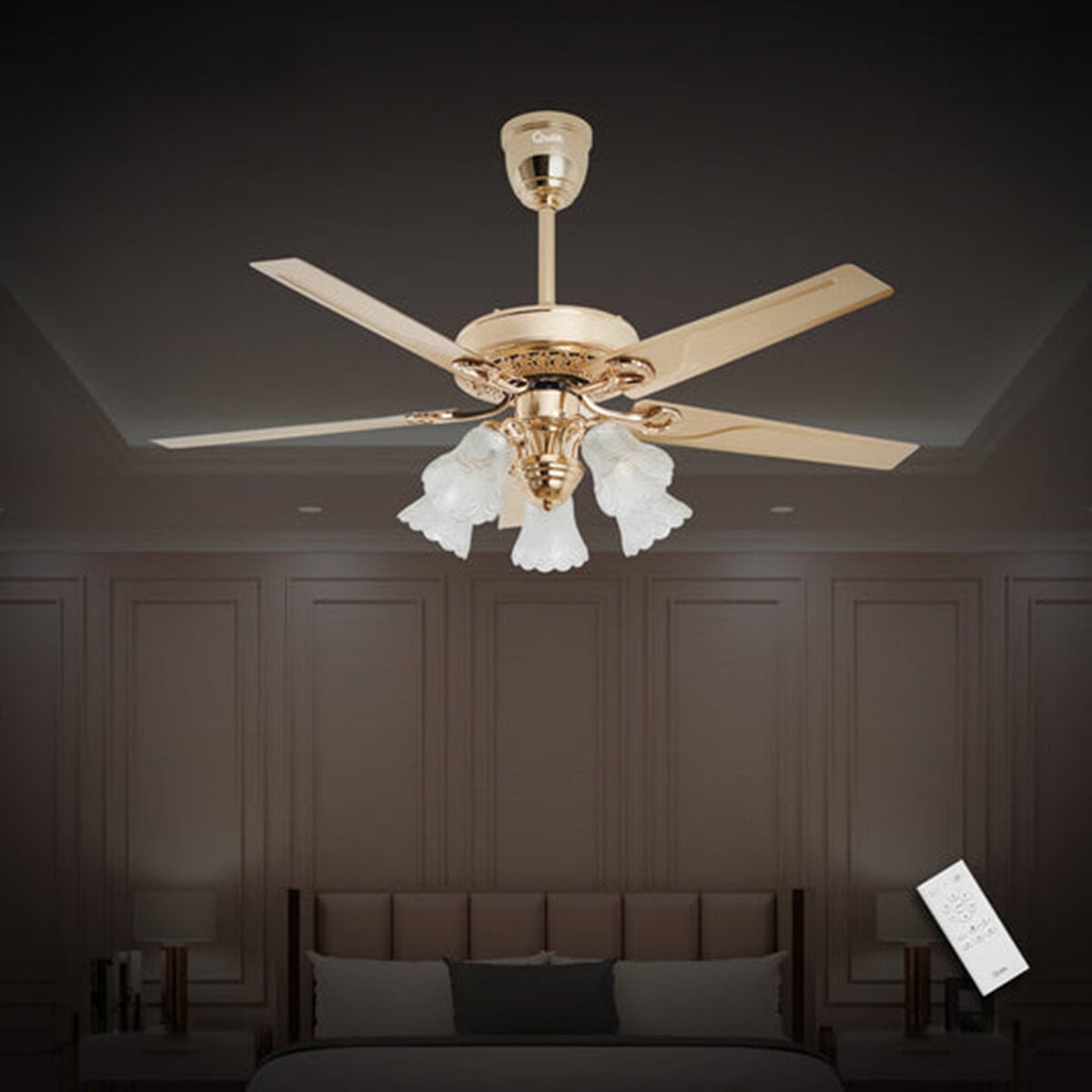 Picture of Qulik Luxoria UL 52" -Glass Flower Lampshade Copper Motor Remote Control Under-Light Ceiling Fan Q-8118-NG | Free Delivery