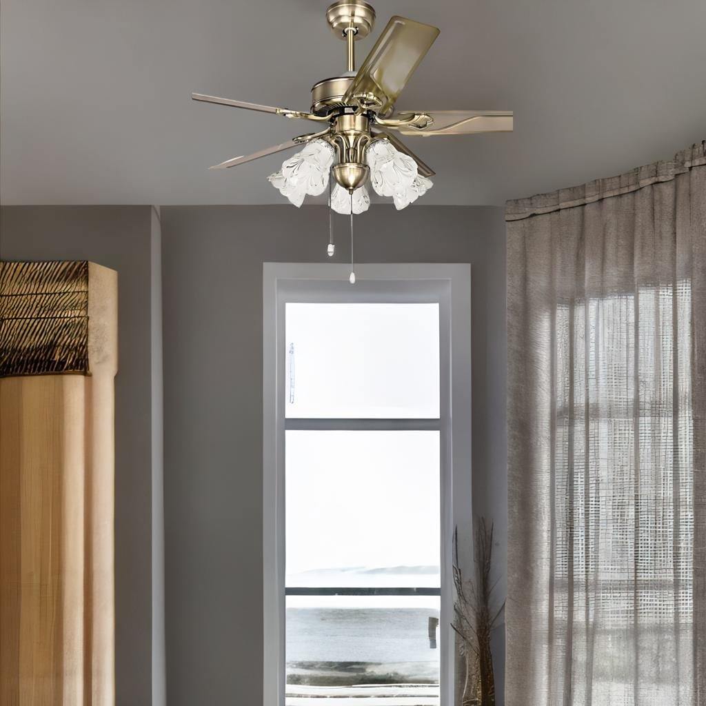 Picture of Qulik Luxoria UL 52" -Glass Flower Lampshade Copper Motor Remote Control Under-Light Ceiling Fan Fan| Q-8118-AB | Free Delivery