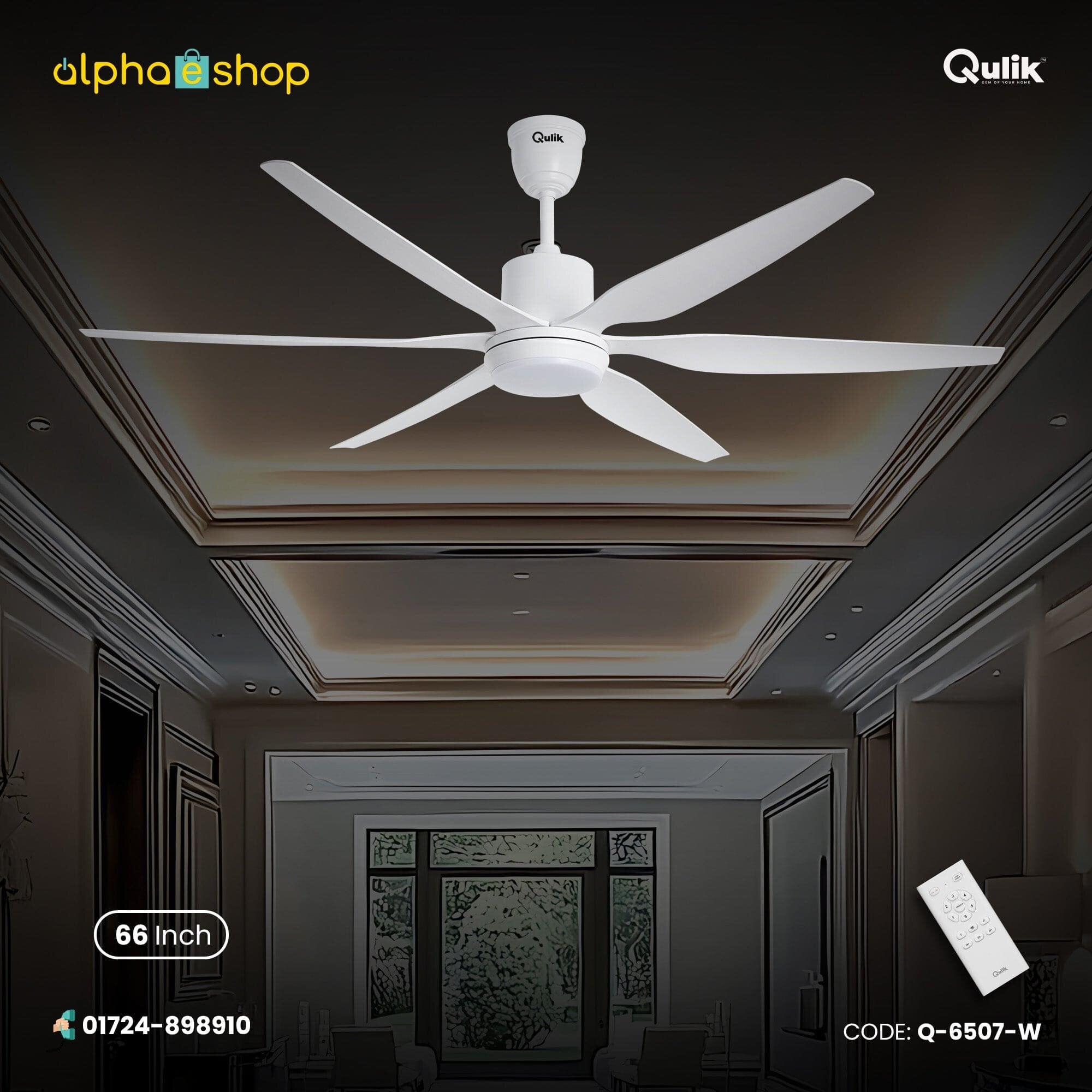Picture of Qulik Silex 66"- Modern Decorative Silent ABS Blade Under Light With Remote Ceiling Fan (White) Q-6507-W Free Delivery