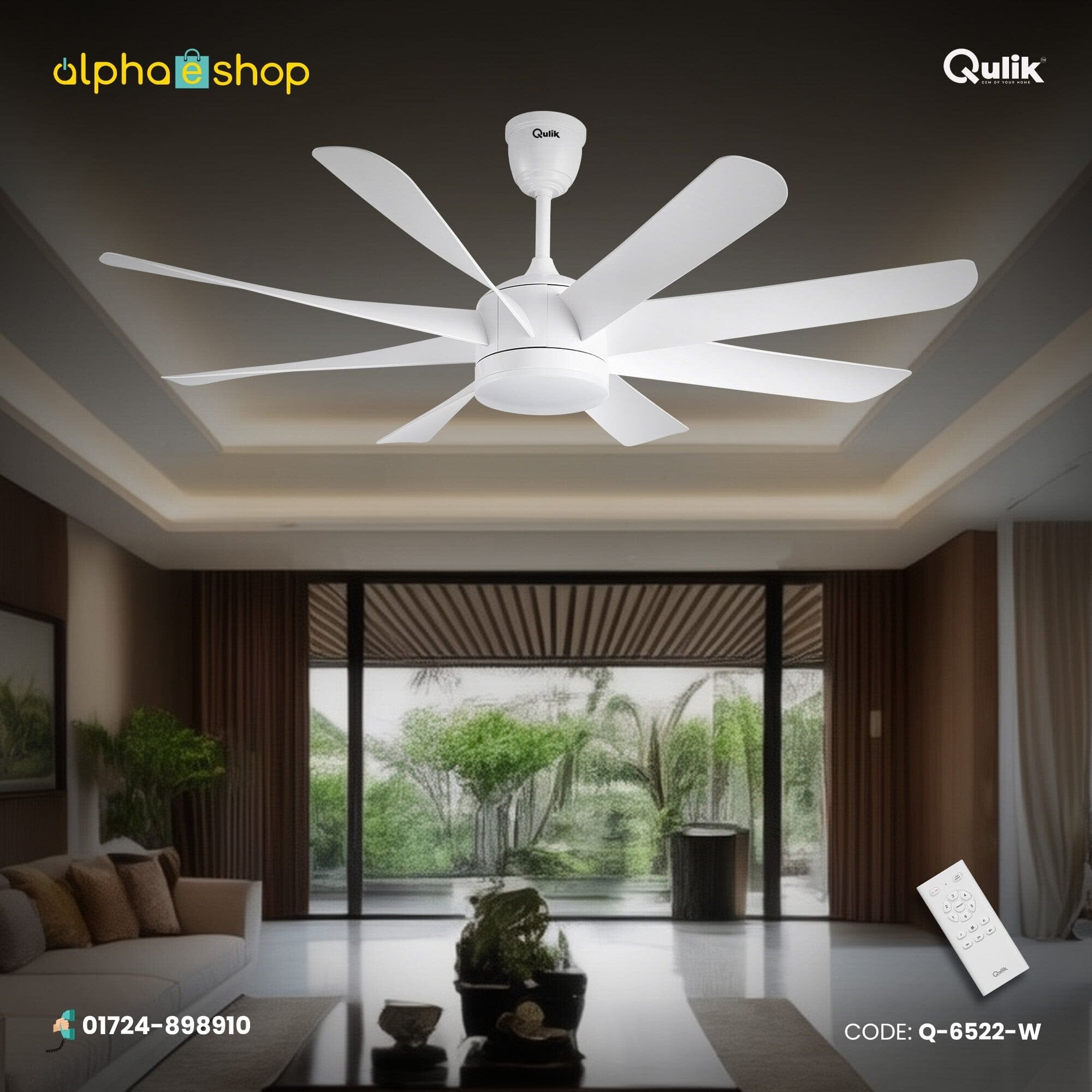 Picture of Qulik Helix UL 60"- Modern Decorative Silent ABS Blade Under Light With Remote Ceiling Fan (White) Q-6522-W | Free Delivery