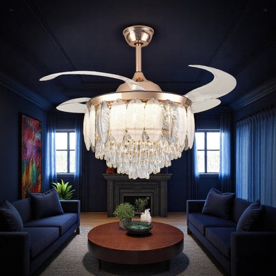 Picture of Qulik 48" Crystal Chandelier Retractable Invisible Blade Silent 3 Color Change LED Remote Ceiling Fan (Golden) | Q-T8255-BK-WH  | Free Delivery