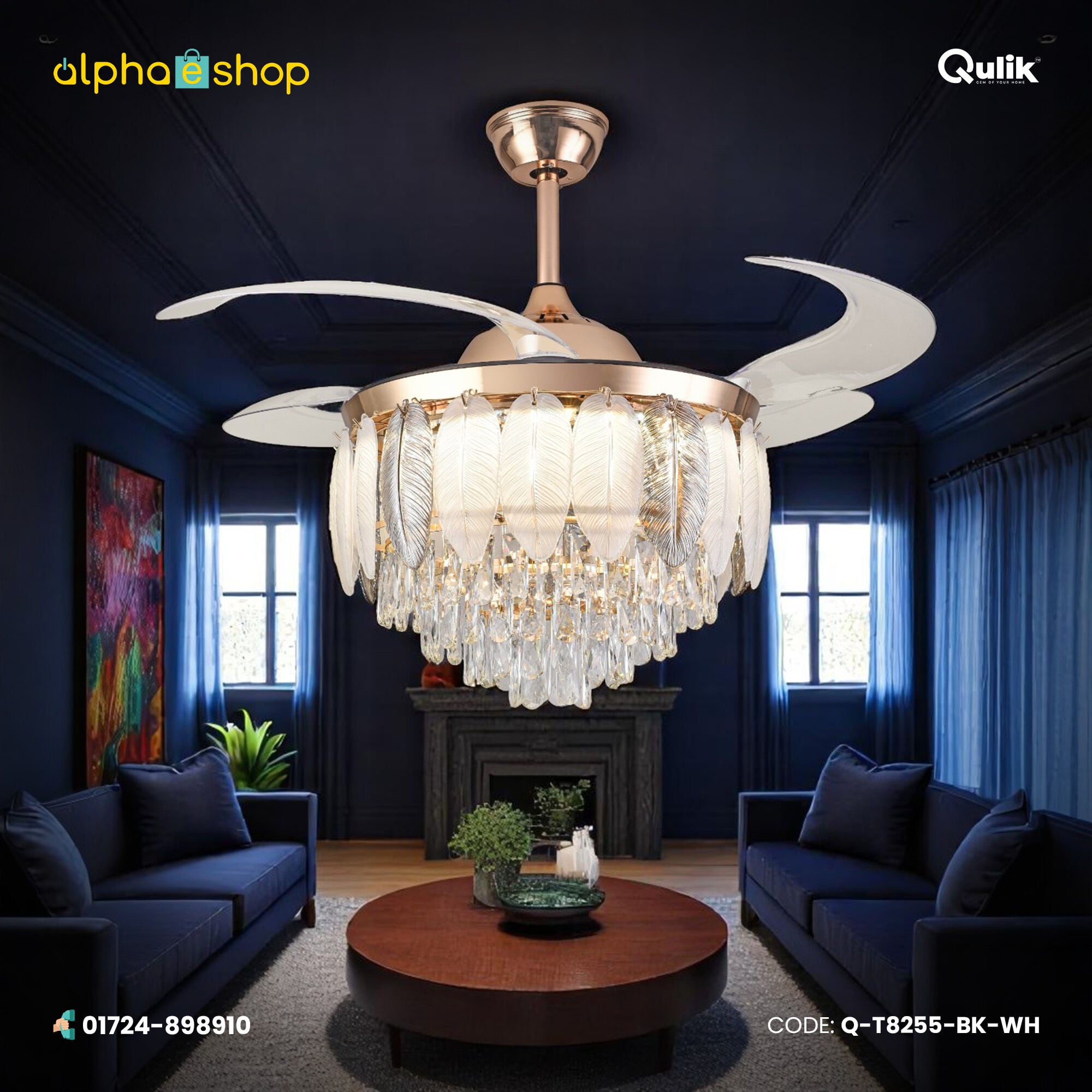 Picture of Qulik 48" Crystal Chandelier Retractable Invisible Blade Silent 3 Color Change LED Remote Ceiling Fan (Golden) | Q-T8255-BK-WH  | Free Delivery