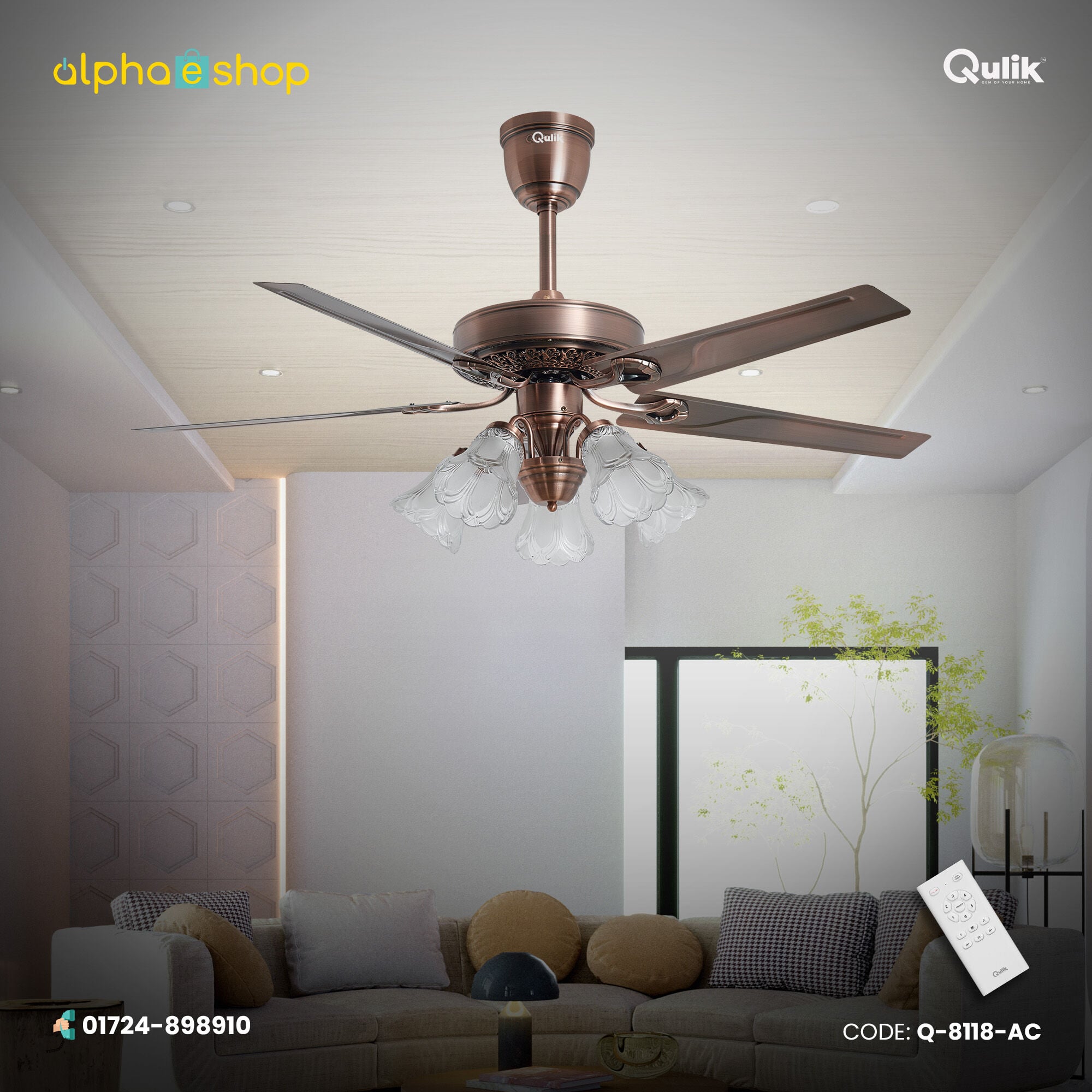 Picture of Qulik Luxoria UL 52" -Glass Flower Lampshade Copper Motor Remote Control Under-Light Ceiling Fan Q-8118-AC | Free Delivery