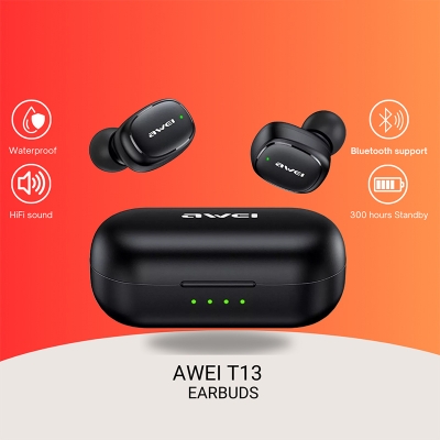 Picture of Awei T13 Wireless Earbuds Hifi Sound Anwer Reject Call Touch Senson Auto Connection IPX4 Water Resistant BT 5.0 20 Hours Playtime Bluetooth TWS Earphone