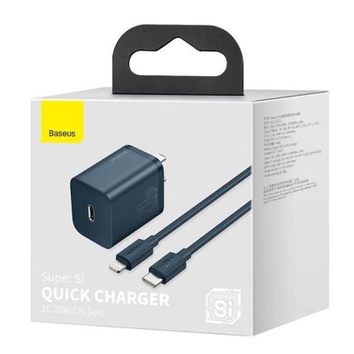 Picture of Baseus Super Si Quick Charger 1C 20W CN Sets Blue With Baseus Simple Wisdom Data Cable Type-C to iP 1m Blue