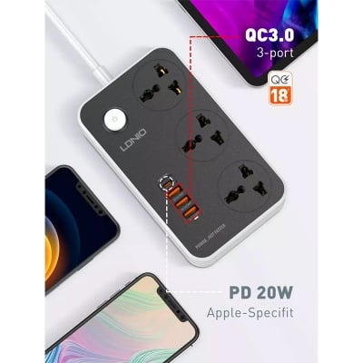 Picture of LDNIO SC3412 38W PD20W Power Strip (3 AC + 3 QC3.0 USB)