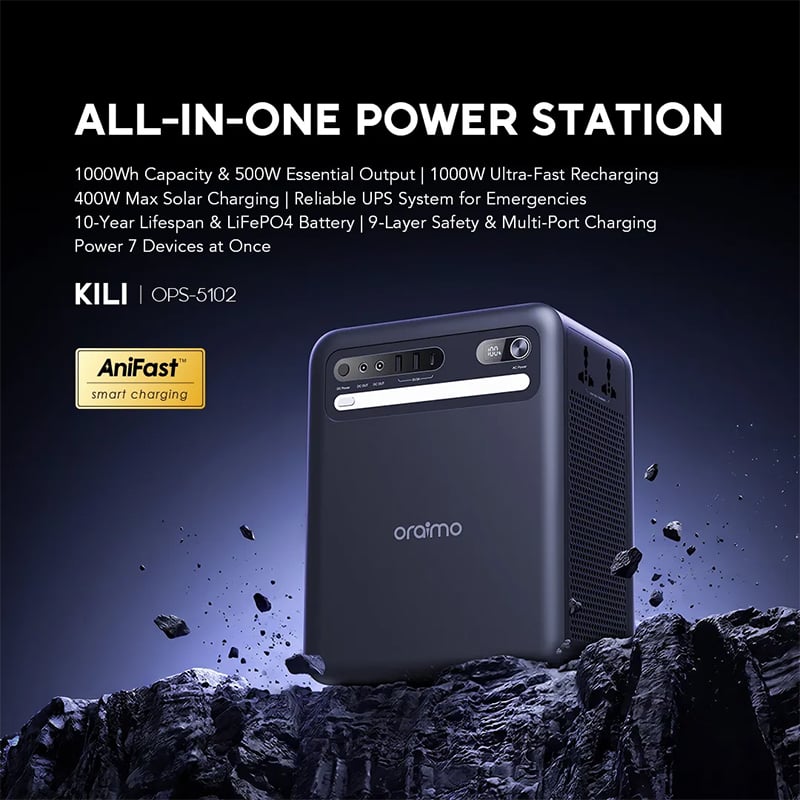Picture of oraimo KILI OPS‑5102 (1000Wh LiFePO4 Power Station, 500W Output)