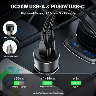Picture of ACEFAST B12 Car Charger 60W – Dual Port USB‑A & USB‑C Fast Charging Adapter
