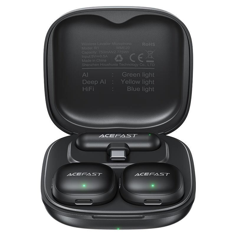 Picture of ACEFAST | R1 Wireless Lavalier Microphone (2 Mics + 1 Receiver) | USB-C | 48kHz/24-bit, AI Noise Reduction | 50m Range, 25ms Low Latency | 8h Mics + 48h Case | For Android & iPhone 15/16