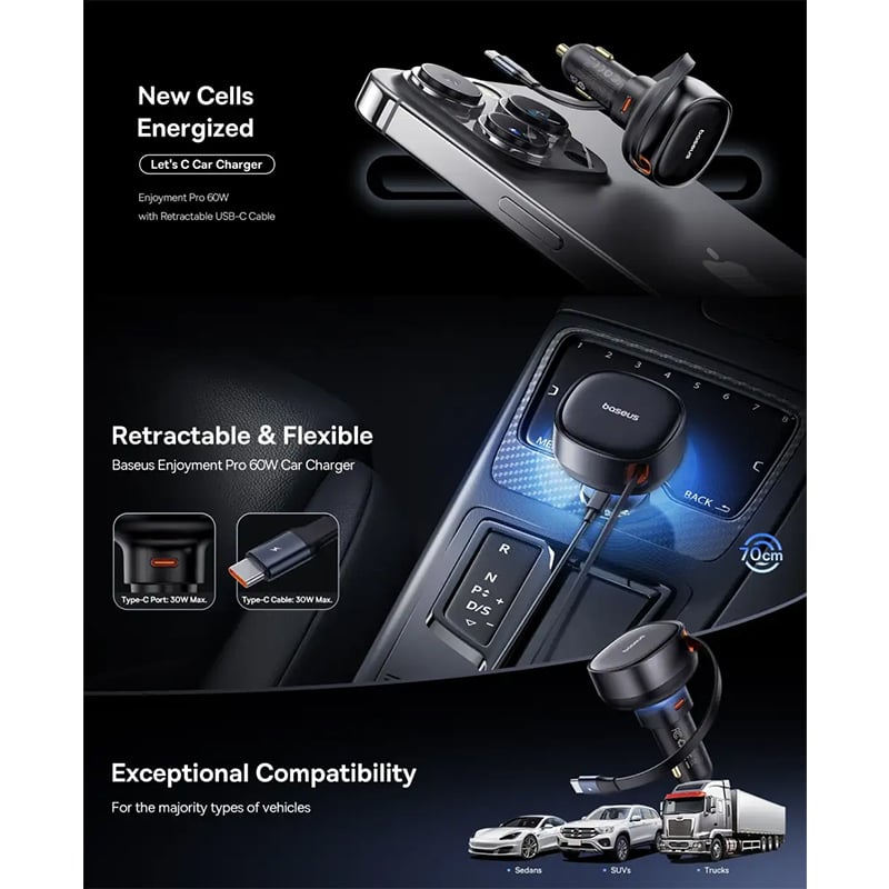 Picture of Baseus Enjoyment Pro Retractable USB‑C 60W Car Charger