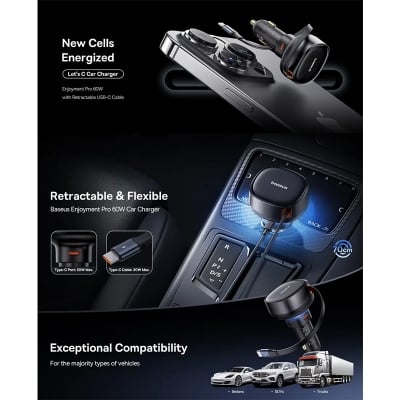 Picture of Baseus Enjoyment Pro Retractable USB‑C 60W Car Charger