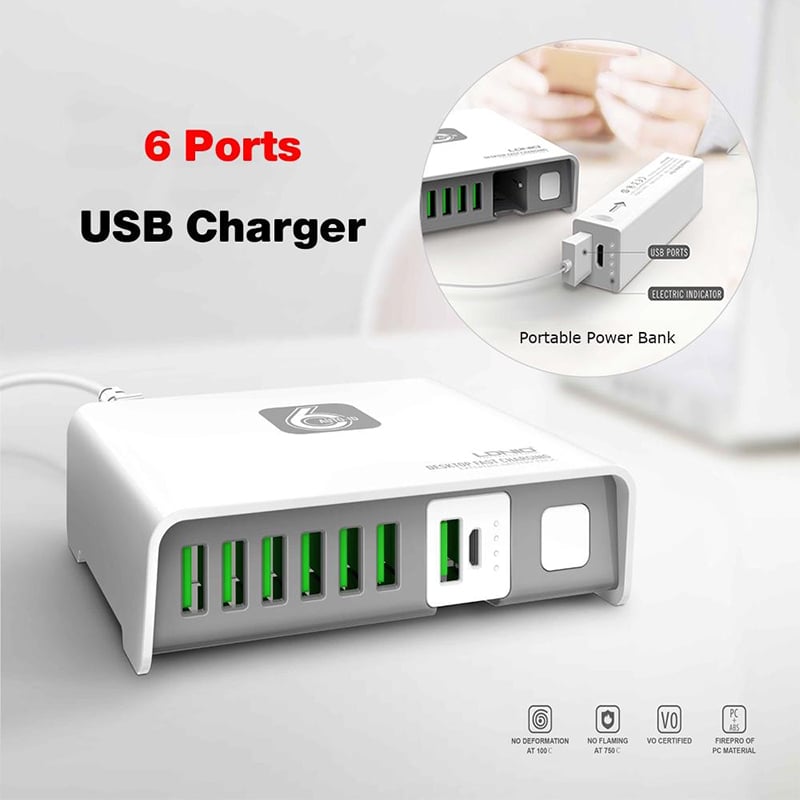 Picture of LDNIO A6802 Box Magical 6 Ports 40W Auto ID Charger with 2600mAh Power Bank