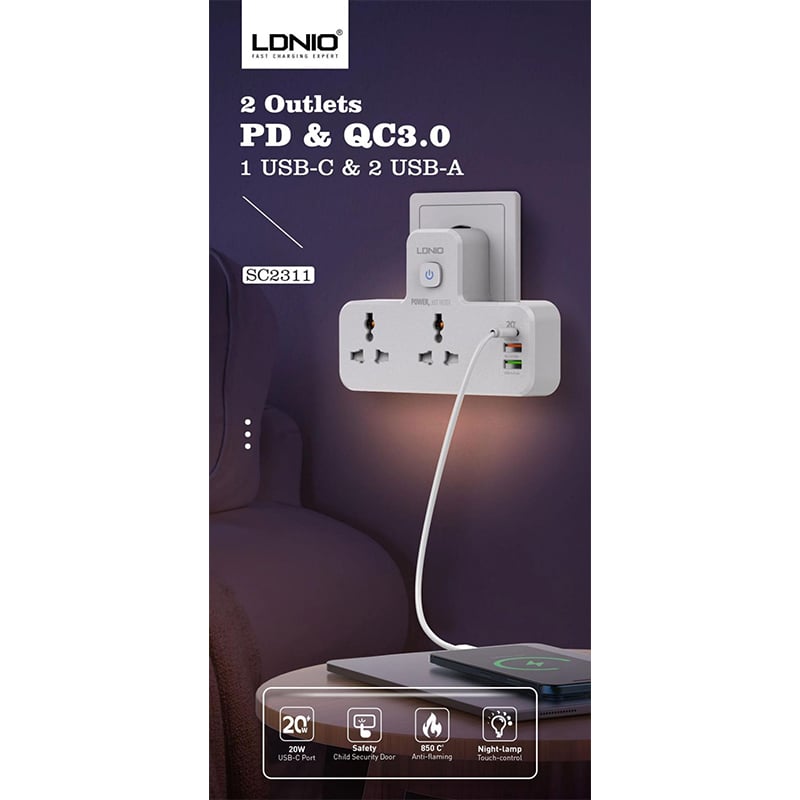 Picture of LDNIO SC2311 20W 3‑Port USB Charger Extension Power Strip