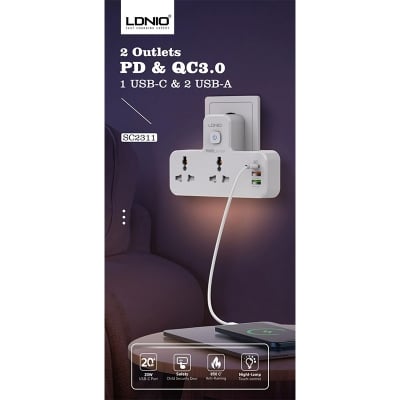 Picture of LDNIO SC2311 20W 3‑Port USB Charger Extension Power Strip