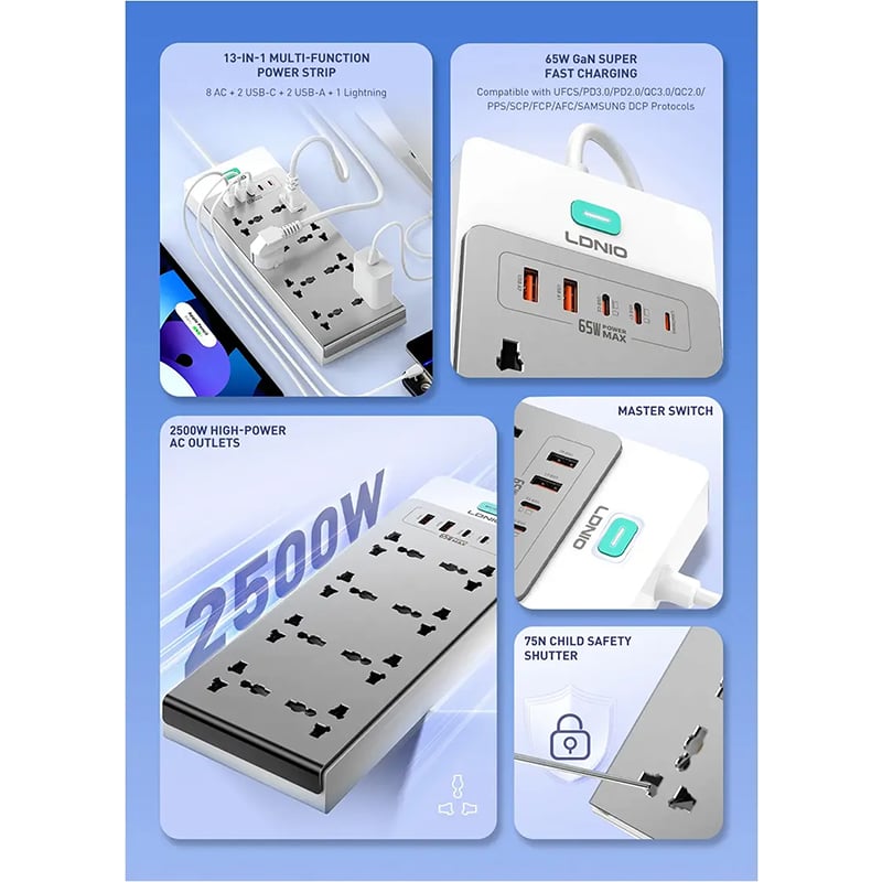 Picture of LDNIO SC4 13‑in‑1 GaN Power Strip 65W Charging Station