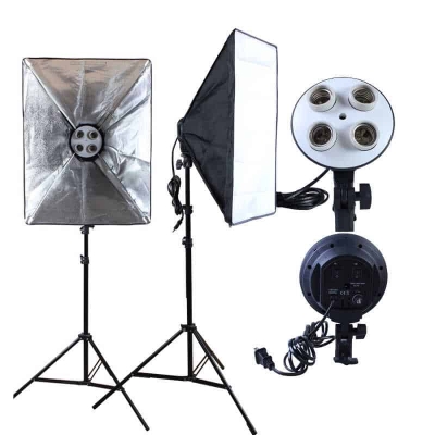 Picture of Professional 4-in-1 E27 Lamp Holder Studio Softbox Light Kit (Black) with 60x60cm Stand Included for Lighting Mastery Black
