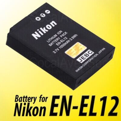 Picture of Nikon EN-EL12 Rechargeable Li-ion Battery for (S6100, S9500, S9900), AW series (AW100, AW120, AW130), P-series (P300, P330, P340), and newer lines like the A900, A1000, B600, and Key Mission 170/360 