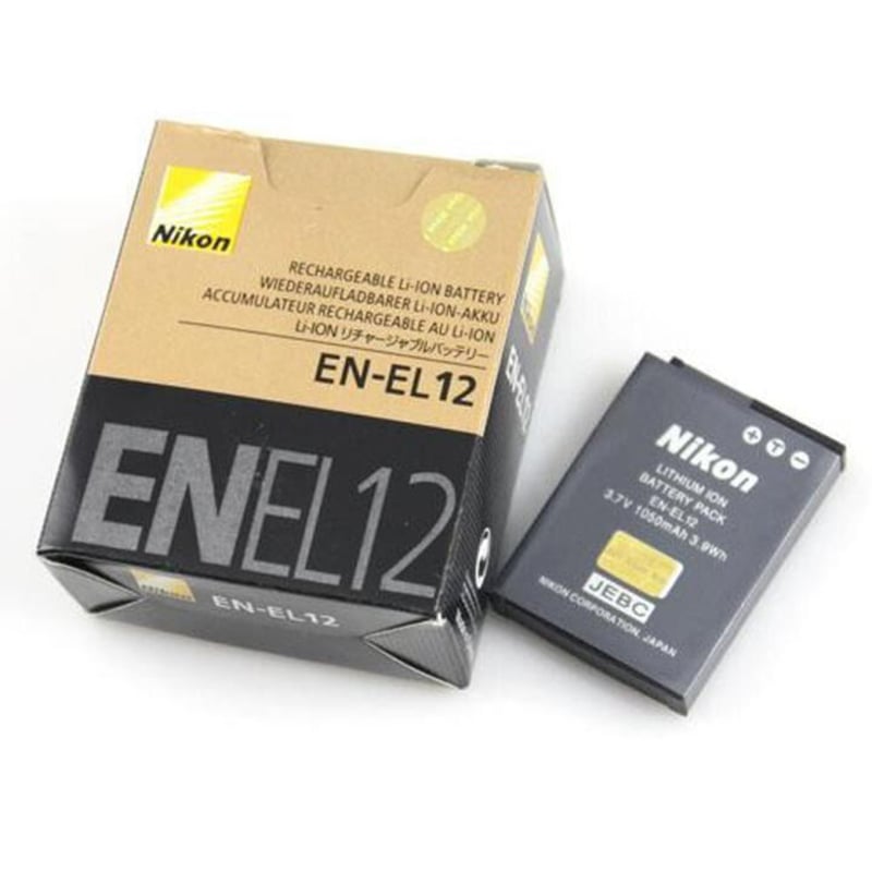 Picture of Nikon EN-EL12 Rechargeable Li-ion Battery for (S6100, S9500, S9900), AW series (AW100, AW120, AW130), P-series (P300, P330, P340), and newer lines like the A900, A1000, B600, and Key Mission 170/360 