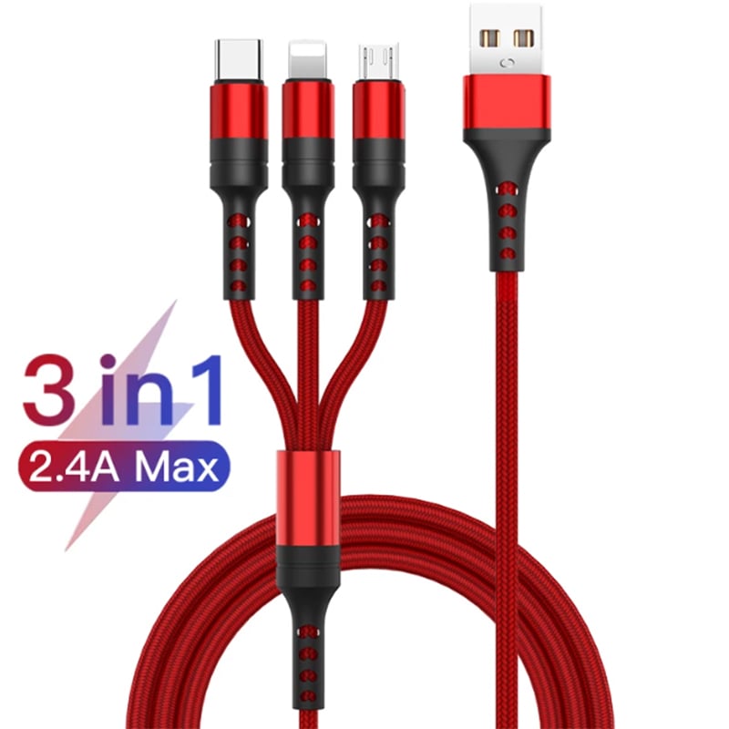 Picture of GEEOO 3 in 1 USB data cable fast charging 2.4A supported fast charging cable for mobile phone Multicolor