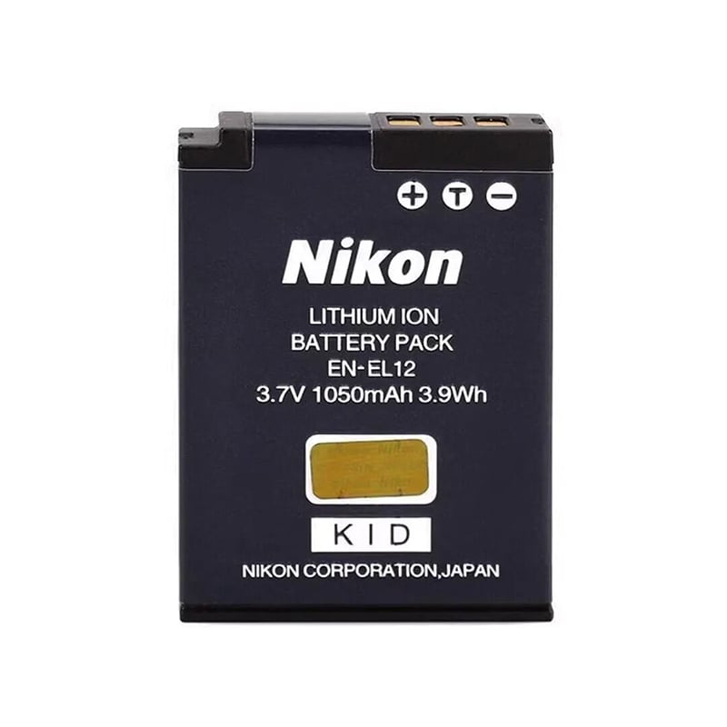 Picture of Nikon EN-EL12 Rechargeable Li-ion Battery for (S6100, S9500, S9900), AW series (AW100, AW120, AW130), P-series (P300, P330, P340), and newer lines like the A900, A1000, B600, and Key Mission 170/360 