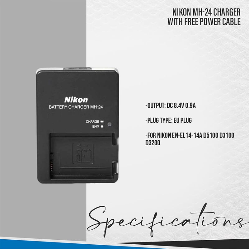 Picture of MH-24 Charger for Nikon EN-EL14-14a D5100 D3100 D3200 with Free Power Cable 
