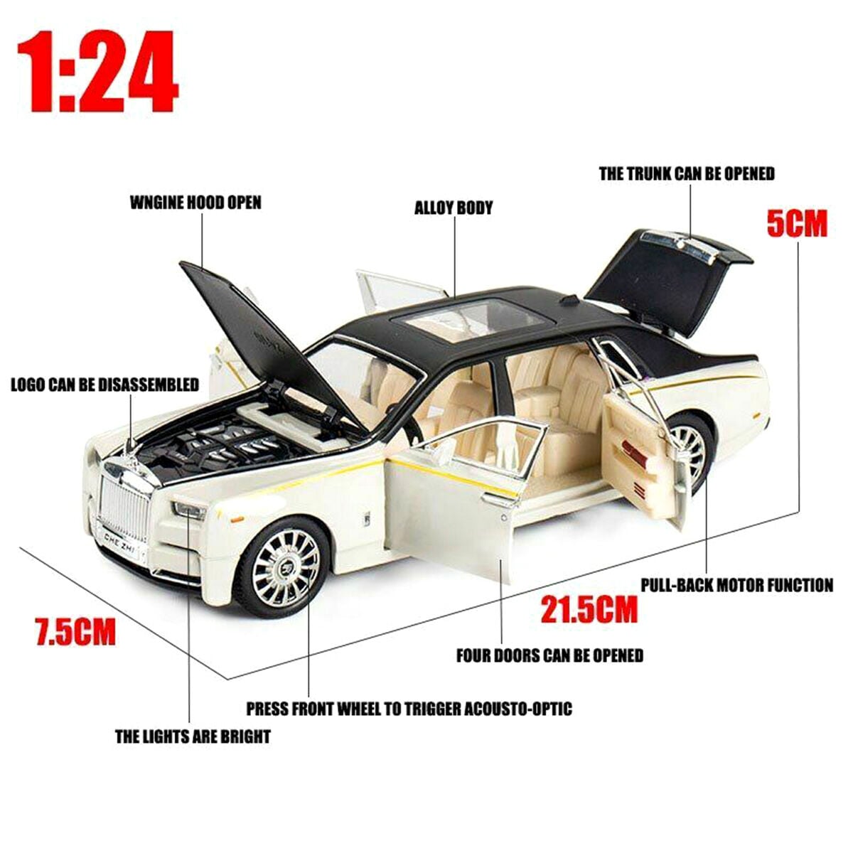 Picture of 1:24 Rolls Royce Phantom Diecast Alloy Car Luxury Simulation Toy Vehicle Metal Car 6 Door Open Model Car Sound Light Toy For Gift - car toy
