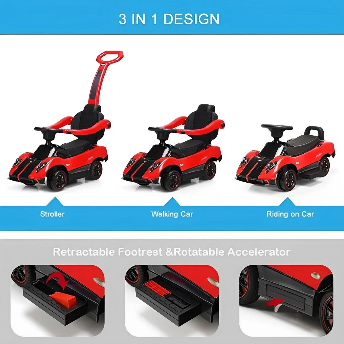 Picture of Megastar Ride On Licensed Pagani Zonda Push Car With Pull Handle - Red-Red