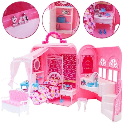 Picture of Pink Portable Carry Case Handbag and Dollhouse with Princess Deluxe Bedroom Furniture (Doll Not Included)-Multicolor