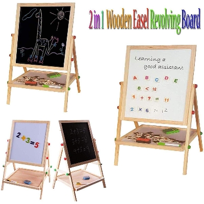 Picture of Kids 2 in 1 Wooden Writing Board Easel Black Board & Magnetic White Board Double Sided REVOLVING Easel Board (100cm)-Multicolor