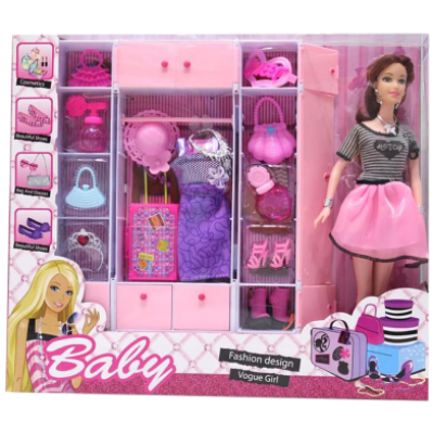 Picture of 12 inch Barbie Doll Pretend Play Fashion Set with Handbag, Hat, Shoes, Suitcase, Dresses and jewellery Dress Change Doll - Doll-Multicolor