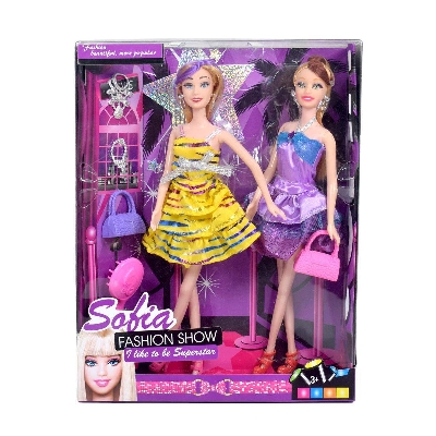 Picture of Beautiful Pair of Sofia Barbie dolls in party dress with combs, neclaces and bags- 2 pcs set-Multicolor