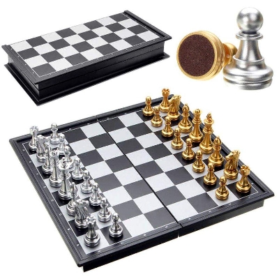 Picture of Chess Game Silver Gold Pieces Folding Magnetic Foldable Board Contemporary Set Fun Family Board Games Gifts-Multicolor