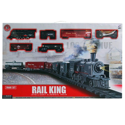 Picture of Rail King Train set Toy for kids Battery operated with Smoke Light Sound Locomotive Engine Cargo Car and Tracks-Red and Black