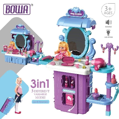 Picture of [3 IN 1] BOWA Makeup Beauty Suitcase Luggage Mobile Dresser Toys Pretend Play Stall Set 38pcs-Multicolor