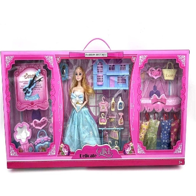 Picture of 11.5 inch solid movable joint evening dress doll with clothing handbag hairpin villa violin handbag makeup drying clothes set-Multicolor