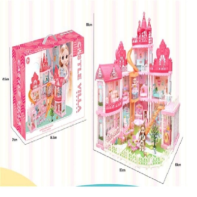 Picture of Villa furniture set with solid jointed girl Doll House, Dollhouse w/ Furniture - Pink-Pink