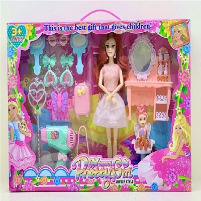 Picture of 1 inch solid movable joint fashion doll with small doll dressing table, dressing mirror, earrings, wand, hair dryer, luggage-Multicolor