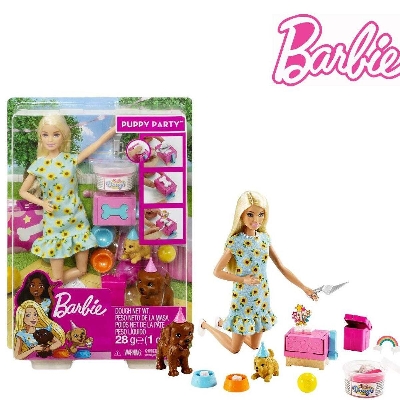 Picture of Barbie Pet Party Doll And Playset with 2 Pet Pets, Dough, Cake Pan Accessories For kids-GXV75-Multicolor