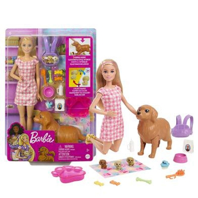 Picture of Barbie Doll and Newborn Pets Playset Doll (Blonde, 11.5 in) Mommy pet with Birthing Feature 3 Pets & Nurturing Accessories-HCK75-Multicolor