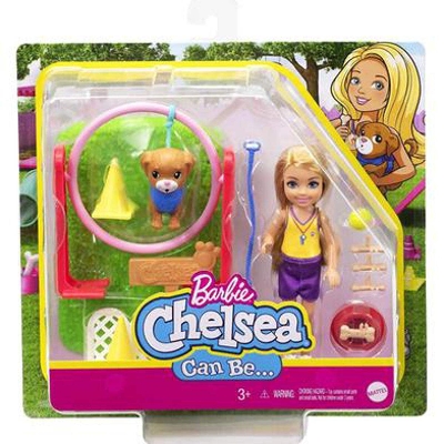 Picture of Barbie Chelsea Pet Trainer Play Set Blonde Doll (6-inch) pet and Leash, Jumping Ring, Obstacle Cones, Training Treats and More-GTN62-Multicolor